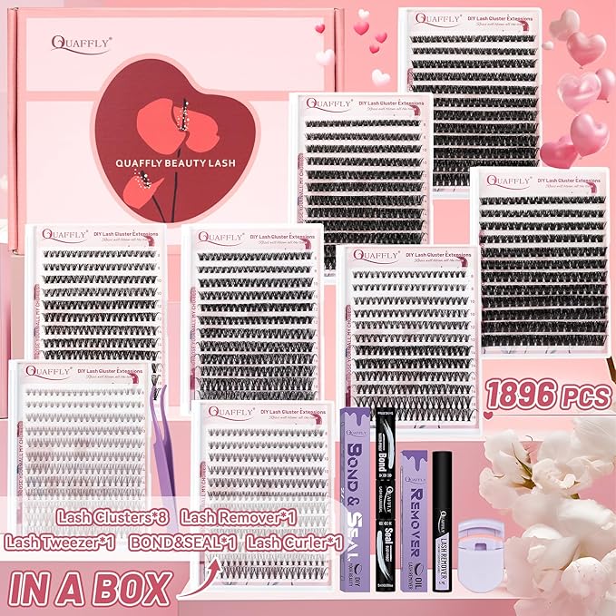 Valentine's Day Eyelash Gift Set 1896Pcs DIY Lash Extension Kit With 8 trays of mixed-style lashes Bond&Seal Remover Tweezer Lash Curler Individual Lash Set for Easy At-Home Use(8-18mm D-Curl)