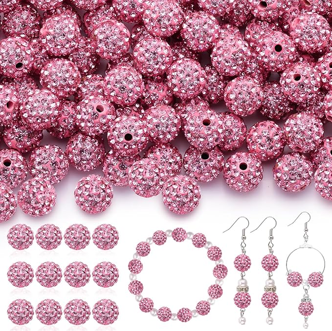 120pcs 10mm Rhinestone Beads for Jewelry Making, Dark Pink Shiny Round Shamballa Disco Ball Beads Bulk, Sparkle Crystal Clay Christmas for Bracelet Baseball Necklace Earring Crafting and DIY