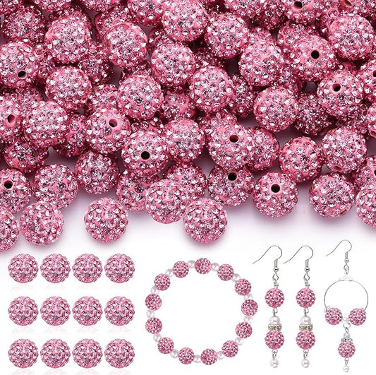 200 Pcs Dark Pink Rhinestone Beads for Jewelry Making, Sparkle Crystal Clay Christmas for Bracelet Baseball Necklace Earring Crafting and DIY, Shiny Round Shamballa Disco Ball Beads Bulk