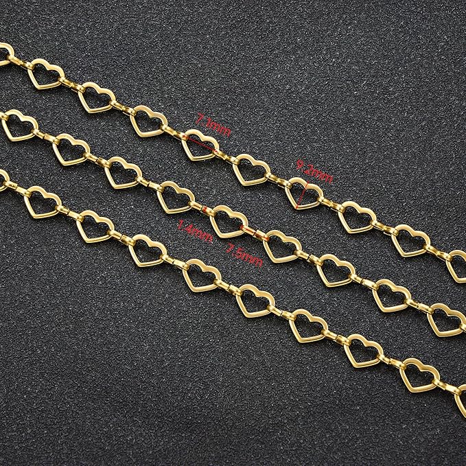 UMAOKANG 3 Meters Gold Plated Stainless Steel Chains for Jewelry Making Hollow Heart Chain Bulk on Spool with Jump Rings and Lobster Clasps