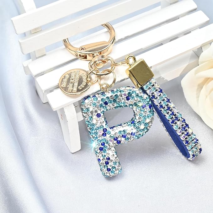 Pink Blue White Initial Letter Keychain Gift for Women Girls Bling Sparkly Cute Backpack Car Key Accessories Lanyard