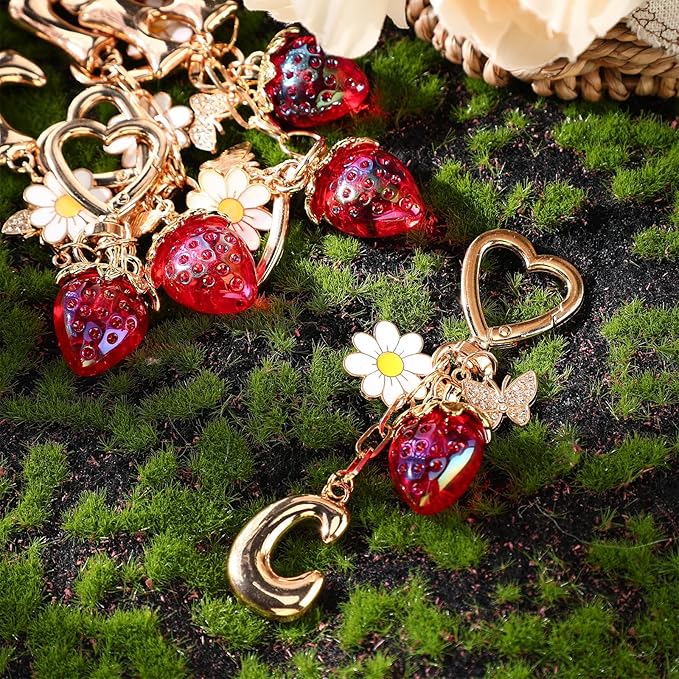 Strawberry Initial Keychain for Women-Cute Kawaii Gold Alphabet Bag Charms, Key chain Gift for Purse Handbag