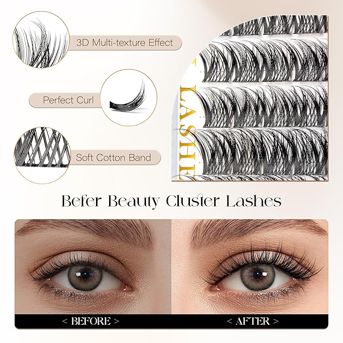 BEFER Lash Clusters, 72 Pcs D Curl Eyelash Super Fluffy Lightweight Individual Lashes 8-16MM Cluster Eyelash Extensions DIY At Home(Mermaid,FD34)