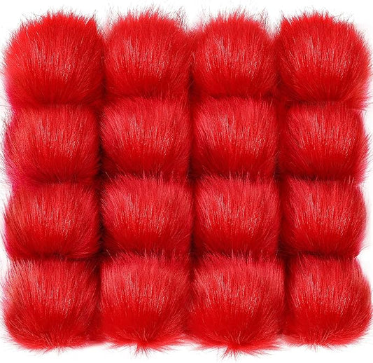 Tatuo 16 Pcs Faux Fur Pom Poms for Hat 4 Inches Large Fluffy Pom Balls for Crafts Knitting Beanies Shoes Scarves Bag Pompoms Keychain Charms Winter DIY Accessories (Red)