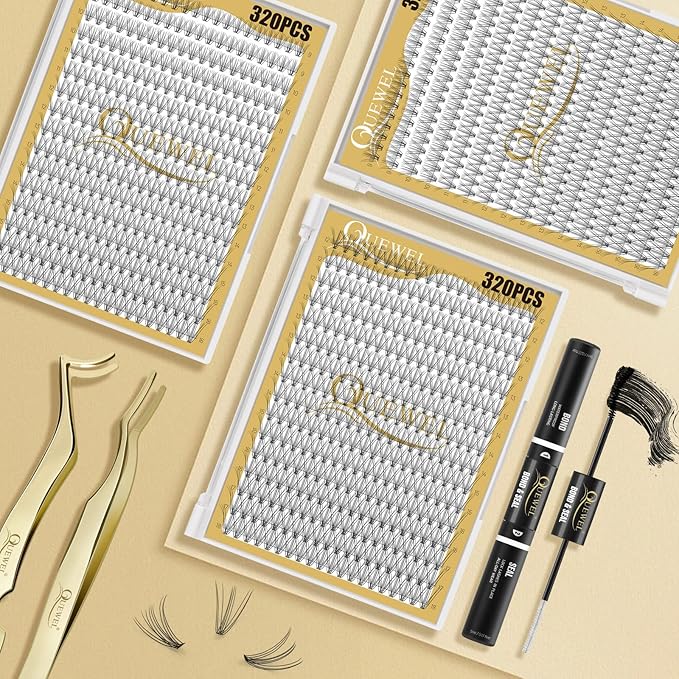 QUEWEL Lash Clusters 320Pcs Cluster Lashes 10D C Curl Lash Cluster Eyelash Extensions Mix9-16mm Individual Eyelashes Clusters Wispy Lash Clusters Thin Band Soft to Use at Home(10D C Mix9-16)