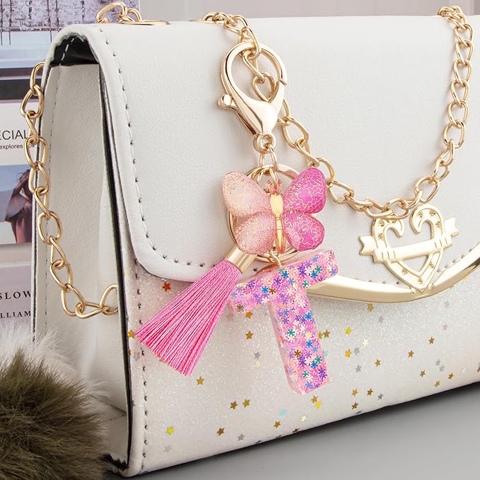 Suweibuke Cute Pink Key Chains for Women Girls, Initial Letter Keychains with Tassel, Charms for Key Purse Handbags Backpacks