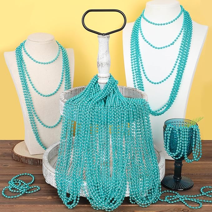 EOBOH 200PCS Mardi Gras Beads, Teal Blue Bead Necklace Party Favors, 33" Mardi Gras Necklace Stuff, Festival Parade Throw Accessories for Wedding Birthday Gender Reveal Party Supplies Decor