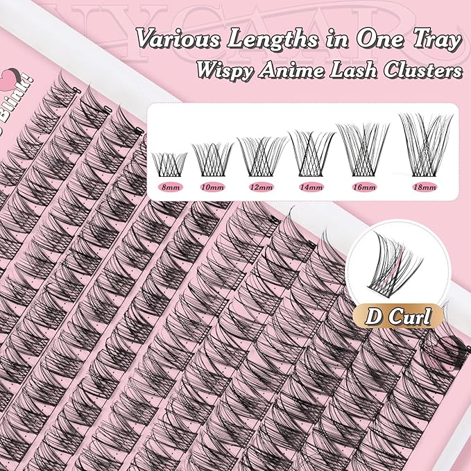 NYCAAR Lash Clusters Kit Wispy Natural Lash Extension Kit D Curl 144Pcs Fluffy Individual Lashes 8-18mm Anime Eyelash Extension Kit with Bond and Seal,Remover,Applicators DIY Lashes Kit at Home(NY03)