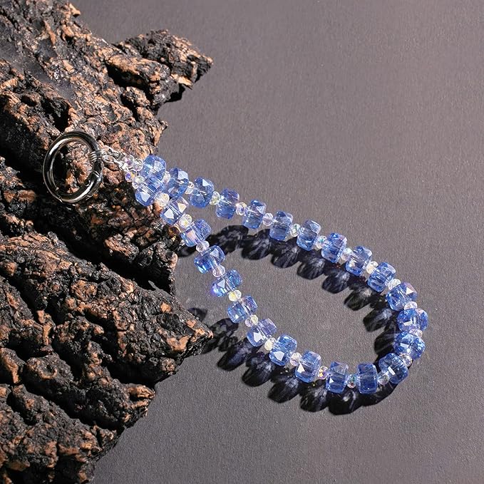 Crystal Beaded Phone Wrist Strap Glass Beads Bracelet Lanyard Crystal Chain Cell Phone Wristlet Strap for Women (Water Blue)
