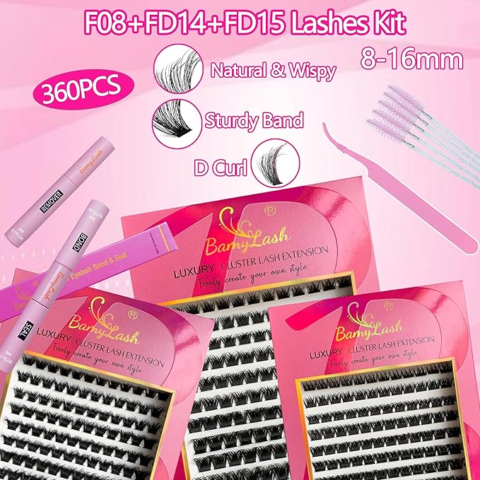 BamyLash DIY Cluster Lash Extension Kit, Professional Volume Eyelash Set, Black (F08+FD14+FD15 Lash Set)