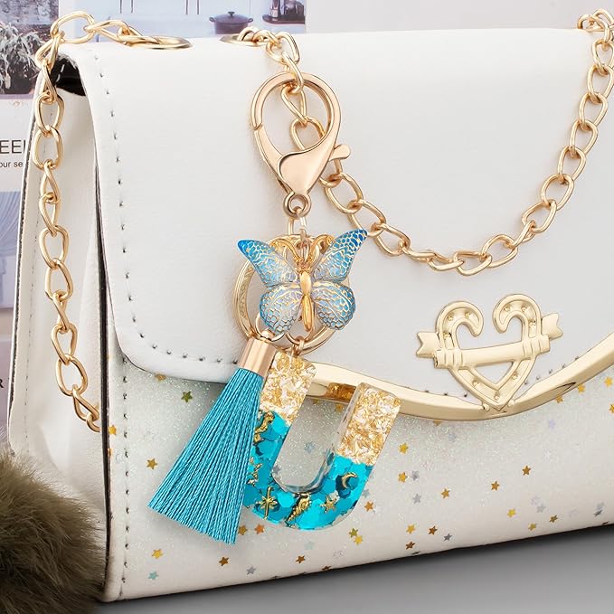 Suweibuke Cute Pink Key Chains for Women Girls, Initial Letter Keychains with Tassel, Charms for Key Purse Handbags Backpacks