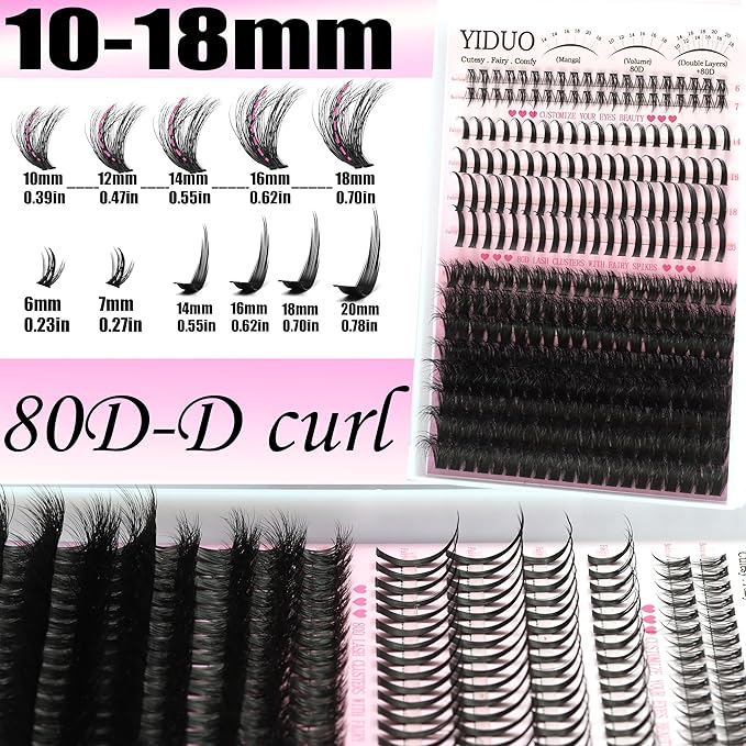 YIDUO Lash Clusters Kit with Spikes Bottom clusters Eyelash Extensions 808Pcs with 2X Bond&Seal 60D/80D/100D 3D Volume D Curl Wispy DIY Individual Lashes Large Pack for Beginners Choice