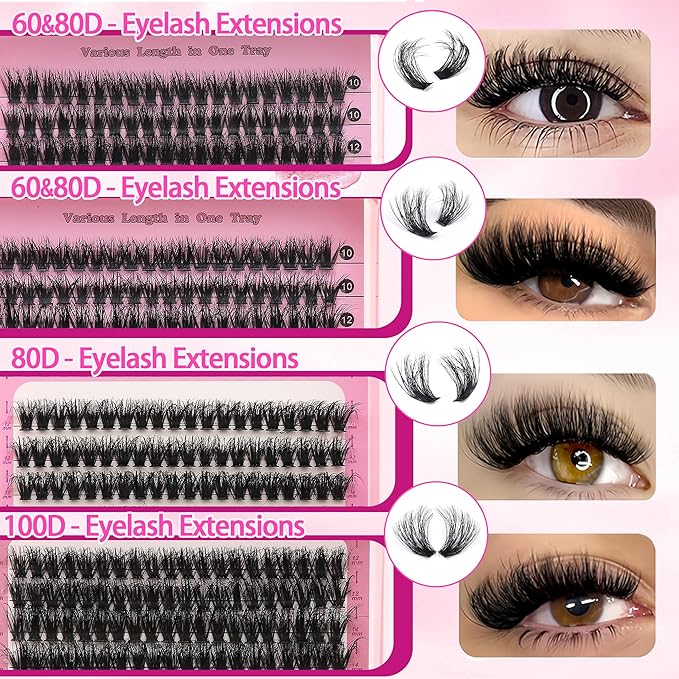 YIDUO 994Pcs Lashes Clusters Kit 60D/80D/100D Volume False Eyelash Extensions 10-20mm D Curl Wispy Individual Fake Eyelashes Kit, Volume Studio Effect with Bond&Seal|Tweezers|Removers|Cleanser