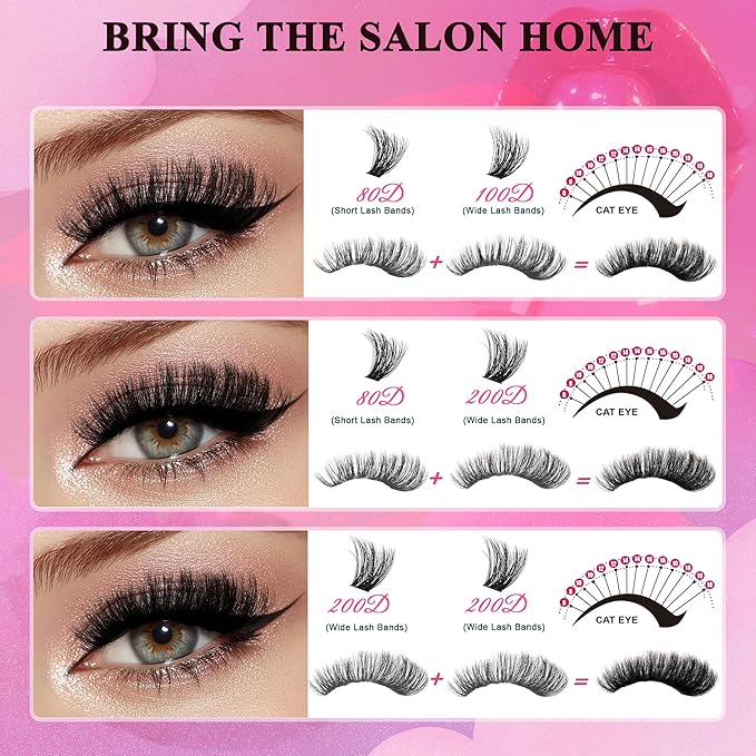 Bombshell X Volunm Lash Clusters Kit Thick Mink 80D-200D Lash Extension Kit 400Pcs 5D Fluffy Eyelash Extension Kit 10-18mm Individual Eyelashes with Lash Bond, Lash Remover, Lash Applicator