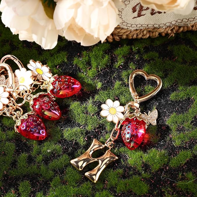 Strawberry Initial Keychain for Women-Cute Kawaii Gold Alphabet Bag Charms, Key chain Gift for Purse Handbag