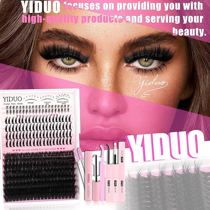 80D Volume Lash Clusters Kit with Long 14-16mm Lashes Spikes+Bottom Clusters Eyelash Extension Kit 280Pcs D-curly Wispy Individual Lash Extensions Kit DIY Spiky Lash Bond and Seal by YIDUO