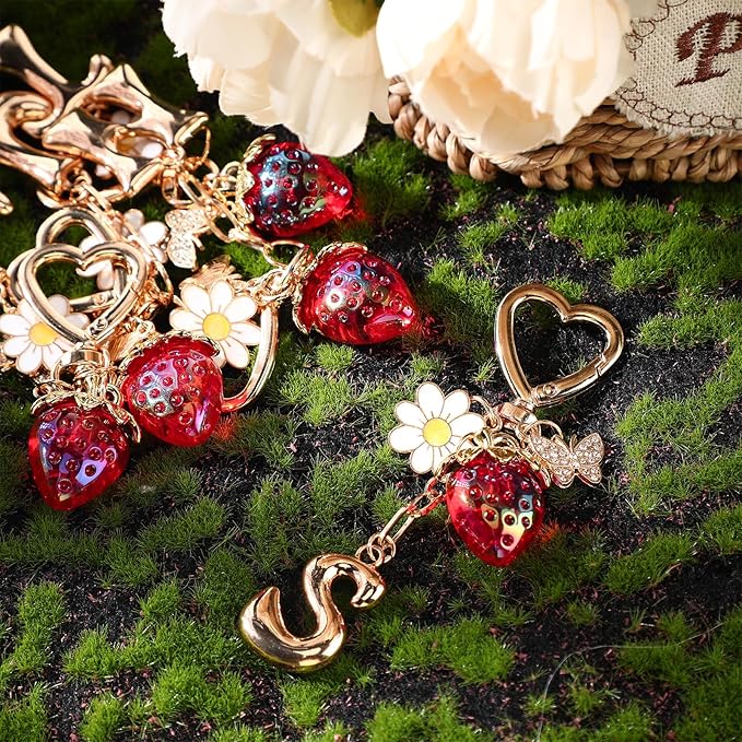 Strawberry Initial Keychain for Women-Cute Kawaii Gold Alphabet Bag Charms, Key chain Gift for Purse Handbag