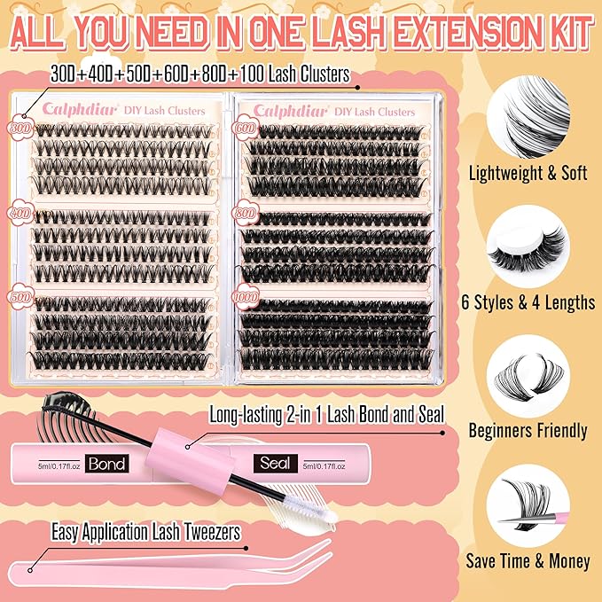 Lash Clusters Kit 30D-100D Wispy Eyelash Extension Kit 474pcs Individual Lashes 8-16MM Cluster Eyelash Extensions DIY Lash Extension Kit D-Curly Eyelash Clusters with Lash Bond and Seal Lash Tweezers