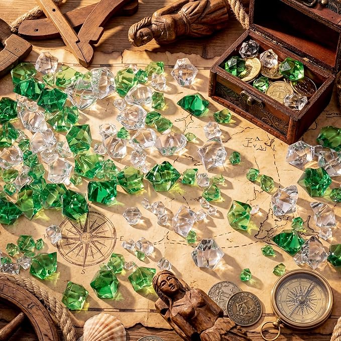 Syhood 570 Pcs 5 Sizes St Patricks Day Green and Clear Fake Crushed Ice Rocks Irish Acrylic Diamonds Plastic Gemstones Treasure Crystal Gems for Vase Fillers Table Scatter Centerpieces Decoration