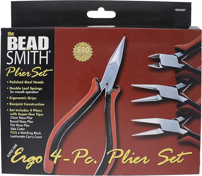 The Beadsmith Ergonomic Pliers Set – Extra Fine Tips – 5 Inches, 4-Pieces: Round Nose, Chain Nose, Flat Nose & Semi-flush Side Cutter – Leatherette Carrying Case Included – Tools for Jewelry Making