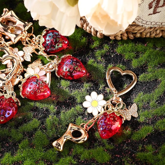 Strawberry Initial Keychain for Women-Cute Kawaii Gold Alphabet Bag Charms, Key chain Gift for Purse Handbag