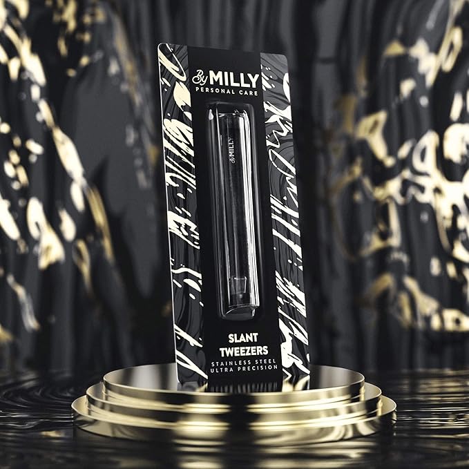 By MILLY Professional Slanted Tweezers for Women and Men | High Carbon Stainless Steel Sharp Tweezer | Tweezers for Women Facial Hair Plucking, Hand-Filed & Aligned Precision Slant Tips - Black