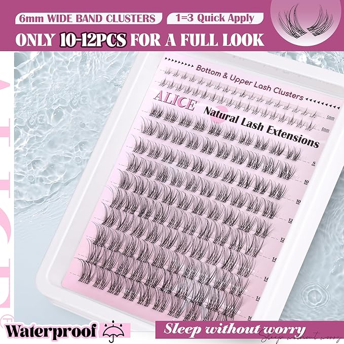 ALICE Lash Clusters Kit Clear Band Natural Lash Extensions Kit 5-16mm Wispy Cluster Eyelash Extension DIY Invisible Band Individual Cluster Lashes with Bottom Lash Bond and Seal Waterproof