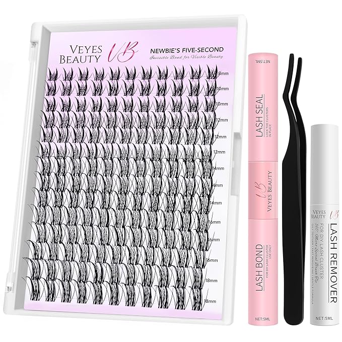 VEYESBEAUTY Lash Clusters Kit Eyelash Extensions Thin & Invisible Band DIY Individual False Eyelashes Newbie's Five-Second Series Lash Tray for Self-application, Sylph Lashes 8-18mm Mixed Length