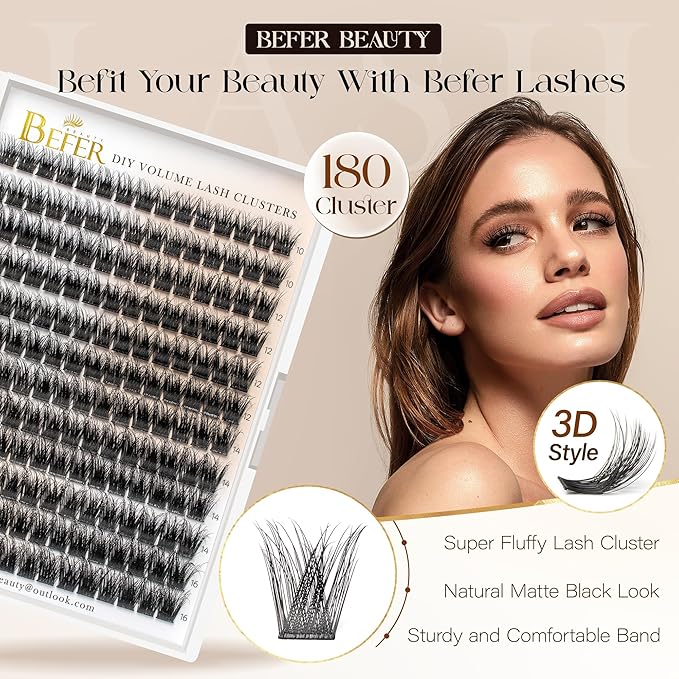 BEFER Lash Clusters, 180 Pcs D Curl Eyelash Clusters 3D Fluffy Volume Individual Lashes Extensions 10-16MM Cluster Eyelash Wispy Cluster Lashes DIY At Home(Enigma,FD09)
