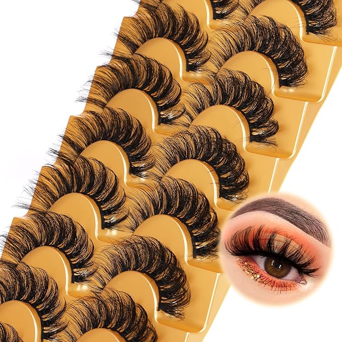 Focipeysa False Eyelashes Fluffy Mink Lashes Natural D Curl Lash Strips Look Like Extensions 17mm Wispy Crossed Cat Eye Lashes 8 Pairs Pack