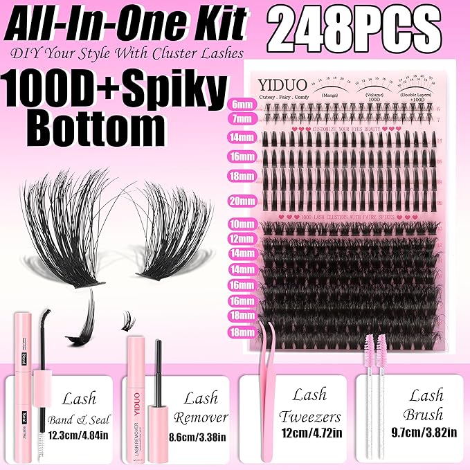 YIDUO 100D Volume Lash Clusters Kit with Long 14-16mm Lashes Spikes+Bottom Clusters Eyelash Extension Kit Thick 248Pcs D-curly Wispy Individual Lash Extensions Kit DIY Spiky Lash Bond and Seal