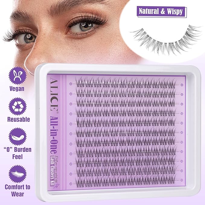 Natural Lash Clusters Kit Invisible Band Wispy Lash Extensions Kit Short 11-13mm DIY Eyelash Extensions Individual Cluster Lashes Kit with Lash Remover by ALICE