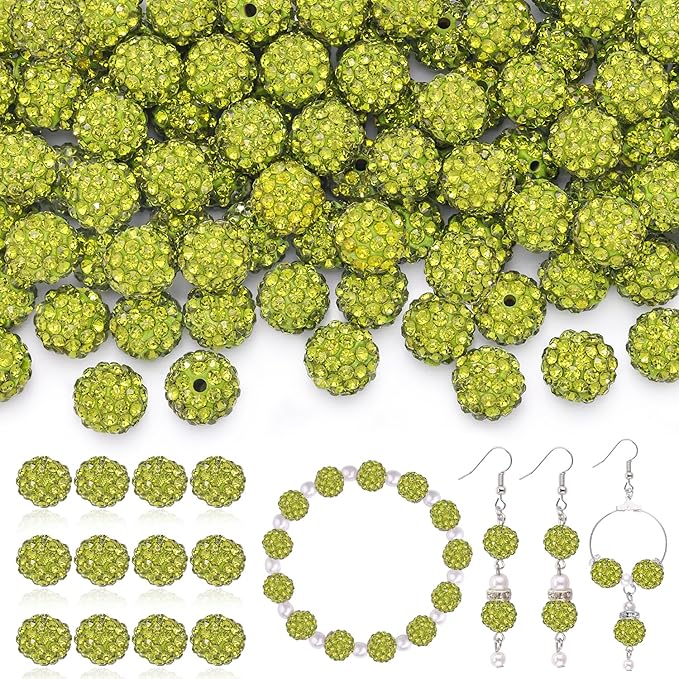120pcs 10mm Rhinestone Beads for Jewelry Making, Olivine Shiny Round Shamballa Disco Ball Beads Bulk, Sparkle Crystal Clay Christmas for Bracelet Baseball Necklace Earring Crafting and DIY