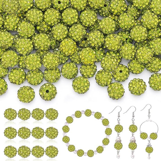 120pcs 10mm Rhinestone Beads for Jewelry Making, Olivine Shiny Round Shamballa Disco Ball Beads Bulk, Sparkle Crystal Clay Christmas for Bracelet Baseball Necklace Earring Crafting and DIY