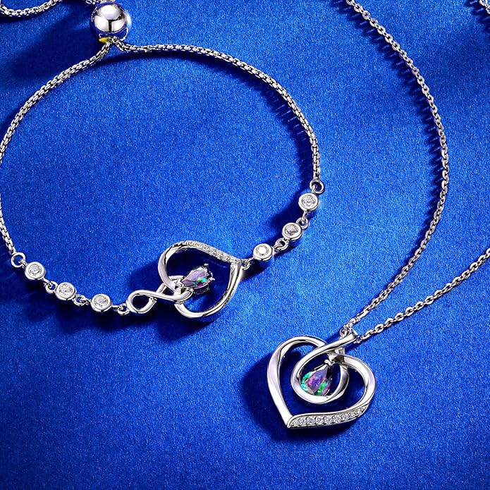 AGVANA Christmas Gifts Heart Birthstone Necklace for Women Sterling Silver Genuine or Created Gemstone Forever Love Pendant Necklace Fine Jewelry Anniversary Birthday Gifts for Women Mom Wife