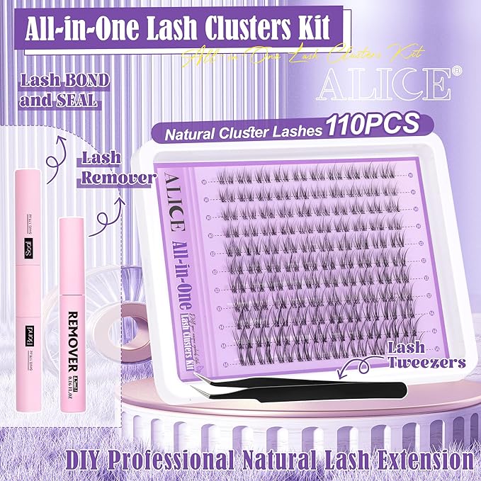 Clear Band Lash Clusters Kit Natural Wispy Lash Extensions Kit 10-14mm DIY Eyelash Extension Kit C-Curly Individual Lashes Kit with Lash Glue Lash Remover Self Application at Home by ALICE
