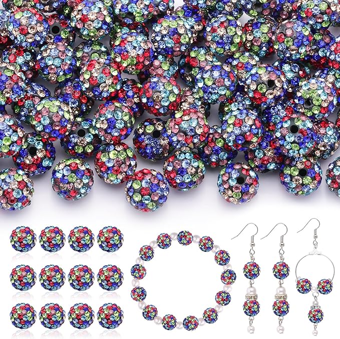 120pcs 10mm Rhinestone Beads for Jewelry Making, Black Mixed Shiny Round Shamballa Disco Ball Beads, Sparkle Crystal Clay Christmas for Bracelet Baseball Necklace Earring Crafting and DIY