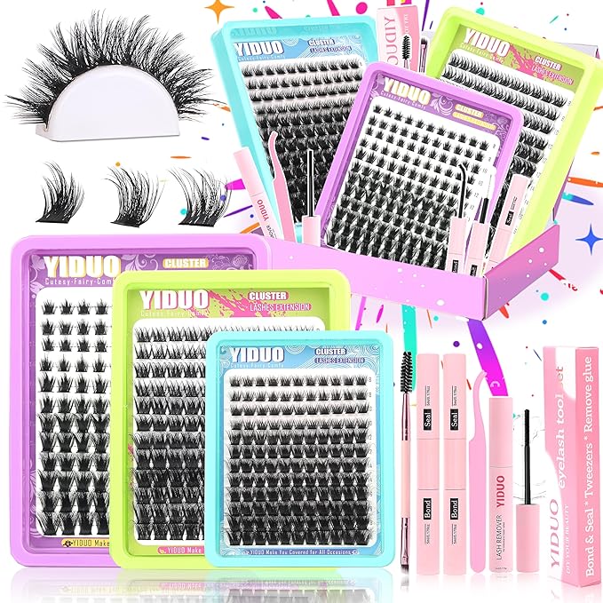 YIDUO 3 Styles Lash Clusters Kit Bulk Packs with 2×Bond&Seal Volume/Manga/ultra/Dramatic Eyelash Extensions 8-18mm lashes Clusters Kit Wispy D Curl Individual Fake Eyelashes Kit DIY at Home Easily