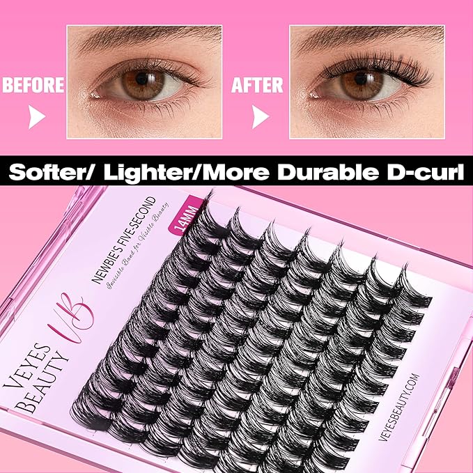 VEYESBEAUTY Lash Clusters Individual Eyelash Extensions Thin & Invisible Band DIY False Eyelashes for Self-application Newbie's Five-Second Series Wispy Lash Tray, Bomb 14mm Single Length