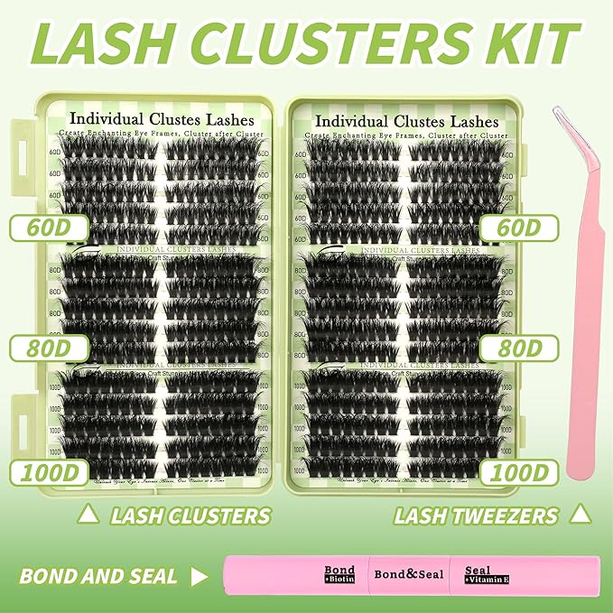 Gmagictobo Lash Clusters Kit Natural Cat Eye Lash Clusters Fluffy Volume 520Pcs DIY Individual Lashes Clusters Lash Extension Kit Thin Band Wispy Eyelash Clusters Lash Bond and Seal Lash Tweezers