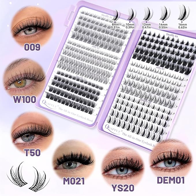 QUAFFLY Lash Clusters Kit 949pcs Natural Cluster Lashes With Bottom Lash Manga Lashes with Lash Bond and Seal Remover Dual-Ended Brush Headband Wristband Tweezer Lash Extension Kit for Beginner