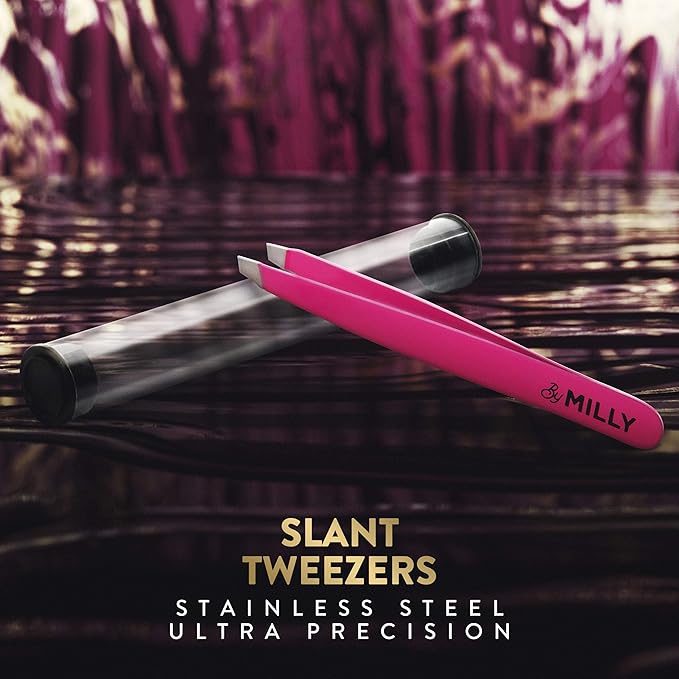 By MILLY Professional Slanted Tweezers for Women and Men | High Carbon Stainless Steel Sharp Tweezer | Tweezers for Women Facial Hair Plucking, Hand-Filed & Aligned Precision Slant Tips - Pink