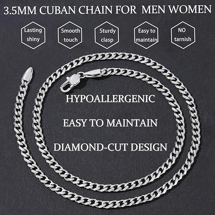 Fiusem 3.5mm Cuban Link Chains for Men, Silver Tone/Black/14K Gold Plated Stainless Steel Necklace Chain, Mens Necklace 16, 18, 20, 22, 24, 26, 28 Inch