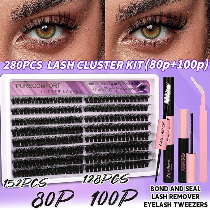 DIY Lash Extension Kit, 280 Cluster Lashes 2 Densities (80P/100P) 10-18mm Mixed Length, Knot-Free Handmade Lashes with Bond/Seal Glue, Remover & Tweezers, Beginner-Friendly for Daily & Party Looks