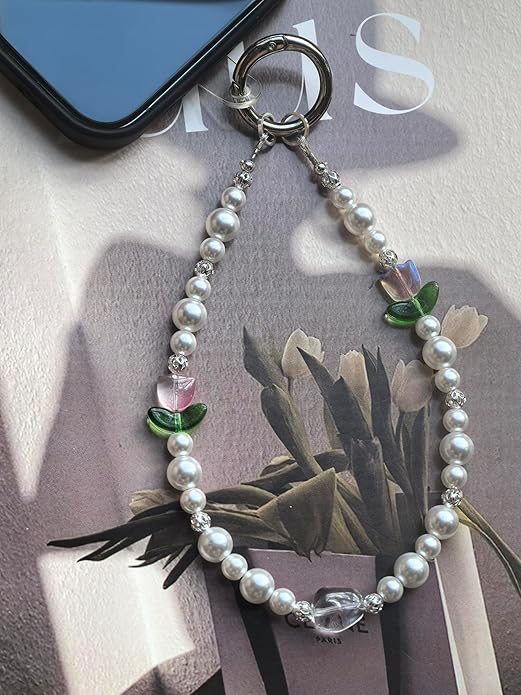 White Pearl Beaded Phone Bracelet wristlet,Cellphone Lanyard Charm Camera Wrist Strap with Pink and Blue Crystal Flowers, Green leaf, White and Pink