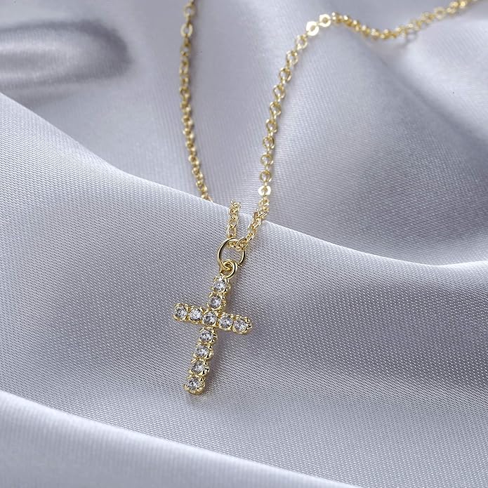 Tewiky Cross Necklace for Women-Dainty Simple 14k Gold Plated/sterling silver Plated Cross Pendant Cute Necklaces Jewelry for Women