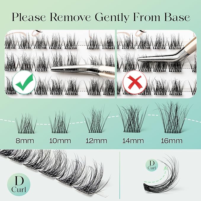VYRILA Lash Clusters 0.05mm Individual Lashes, 3D Wispy Lashes Clusters, 0.1mm Super Thin Band Resuable Natural Lashes,D Curl Faux Mink Lashes,144pcs Lash Extension (Green Vivid-D-0.05-8-16mix)