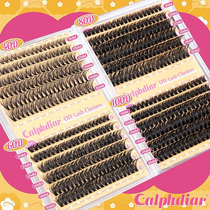 Calphdiar Lash Clusters 40D+60D+80D+100D Eyelash Clusters 474PCS Individual Lashes D-Curly Cluster Eyelash Extensions 8-16MM Wispy Lashes Clusters Volume False Mink Eyelashes DIY Lash Extension