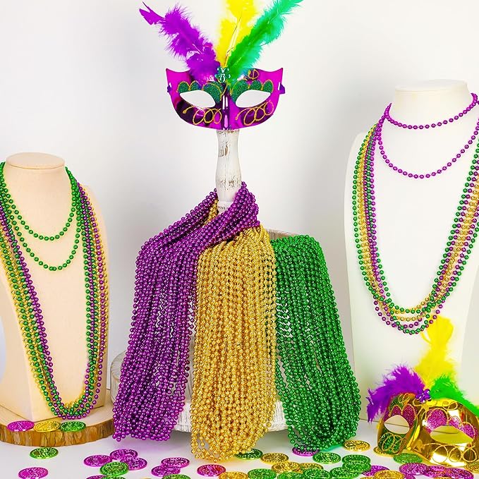 EOBOH 200PCS Mardi Gras Beads, Mardi Gras Green Purple Gold Metallic Beads Necklaces Accessories Bulk, Carnival Mardi Gras Beads Costumes Women Men for Parade Throws Party Decorations Favor Supplies