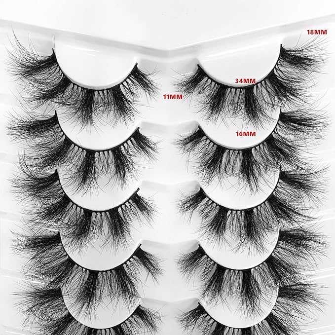 Pooplunch False Eyelashes Fluffy 8D Faux Mink Lashes Pack Dramatic 18MM Wispy Long Fake Eye Lashes 7 Pairs Multipack